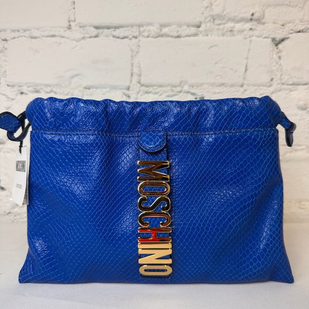 SS22 MOSCHINO Couture Jeremy Scott Blue Leather Shoulder Bag Gold Vertical Logo